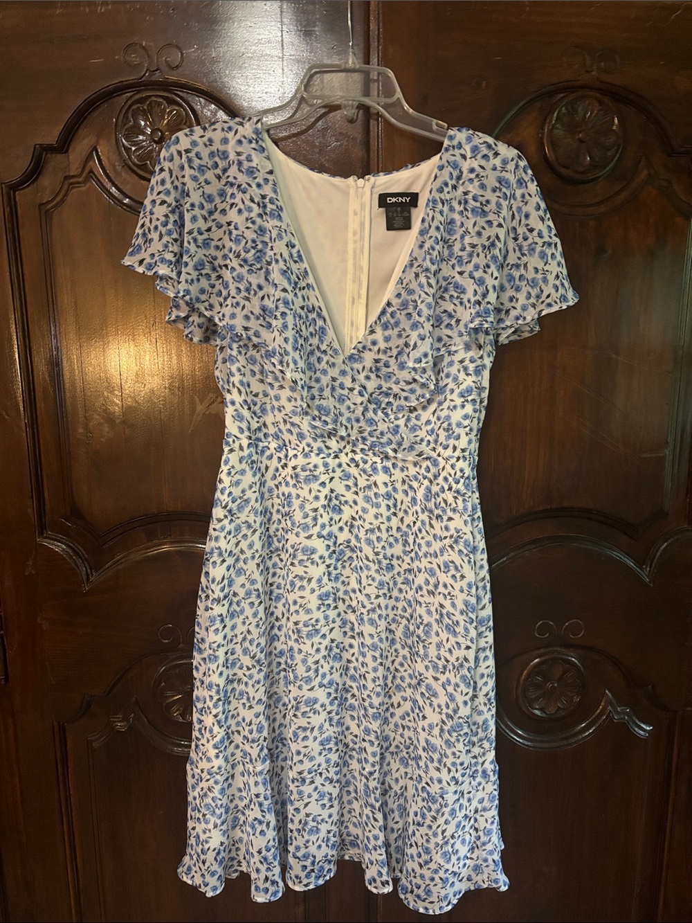 DKNY Blue and White Floral Wrap Midi Dress